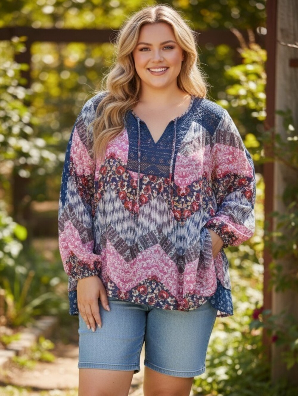 MOA MOA Crepe Patchwork Peasant Top in Navy and Pink